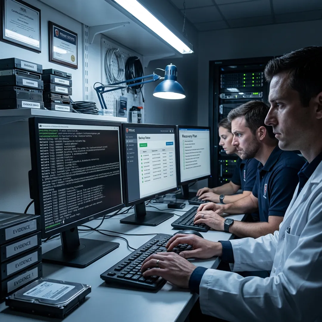 Incident response team reviewing ransomware recovery plan