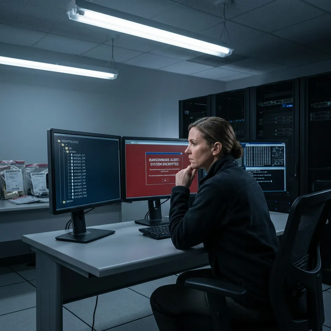 Ransomware recovery analyst reviewing encrypted files