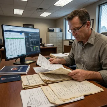 Investigator reviewing financial records for bank account locator services