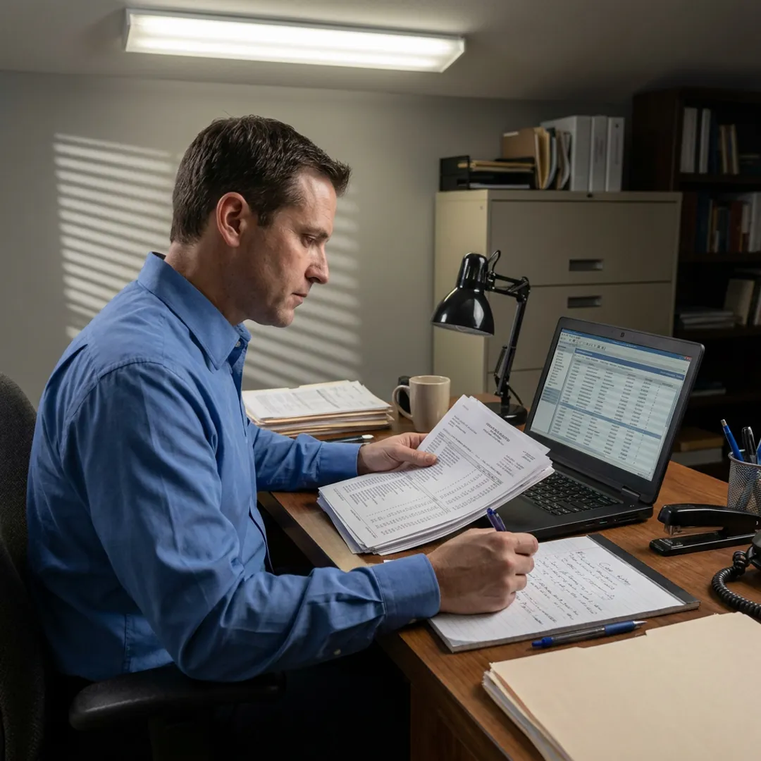 Forensic investigator documenting financial account research