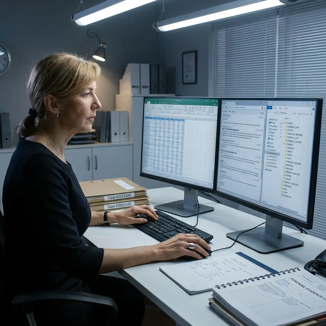 Corporate fraud investigator reviewing digital evidence