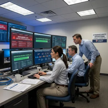 Healthcare ransomware recovery analysts reviewing security dashboards