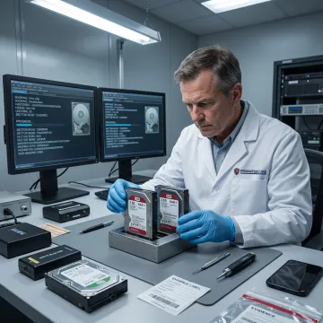 RAID data recovery technician examining mirrored drives