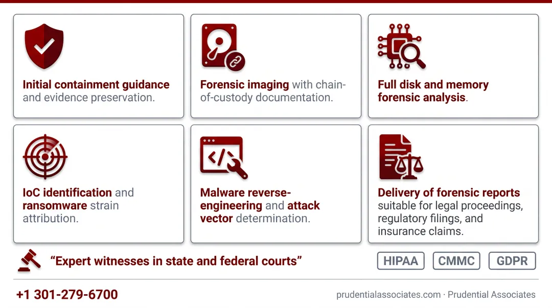 Prudential Associates forensic examiner reviewing ransomware investigation evidence on workstation