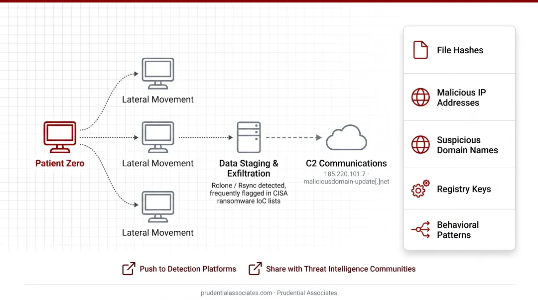 Ransomware indicators of compromise IoC categories with artifact types and detection sources