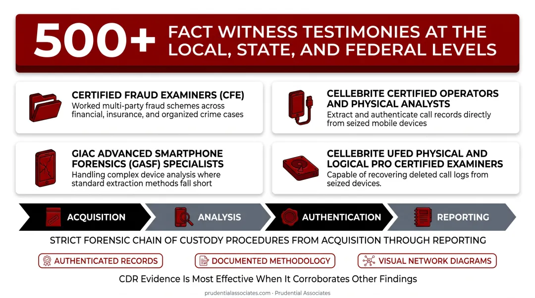 Prudential Associates certified forensic examiners reviewing call detail records and digital evidence