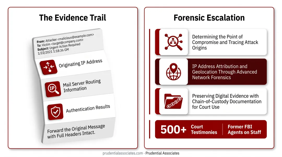 Cybersecurity forensic investigators analyzing email header evidence and network attribution data