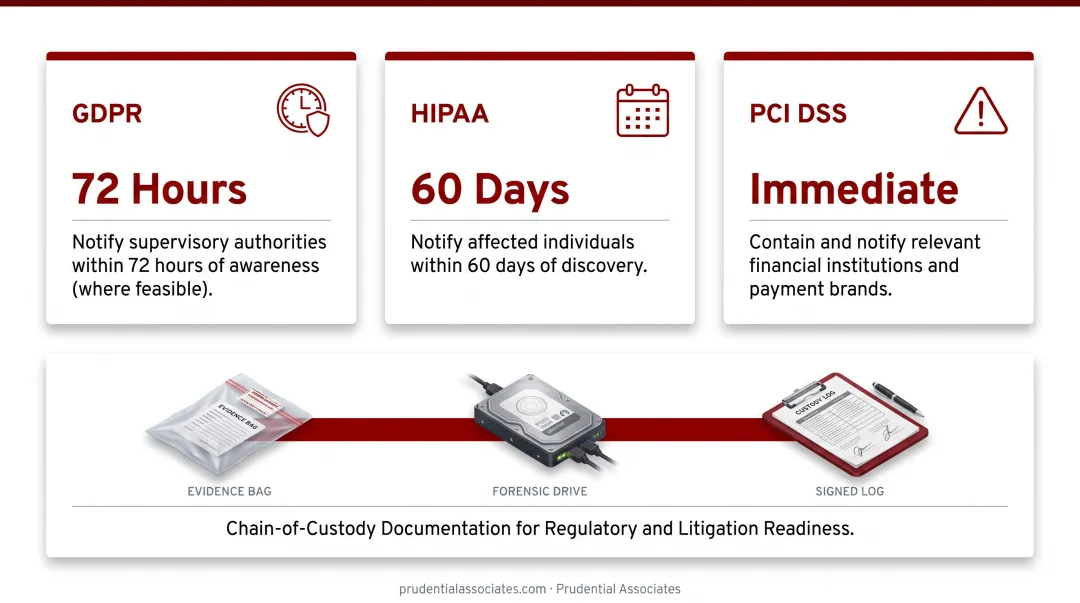 Regulatory breach notification timelines GDPR HIPAA PCI DSS compliance requirements comparison