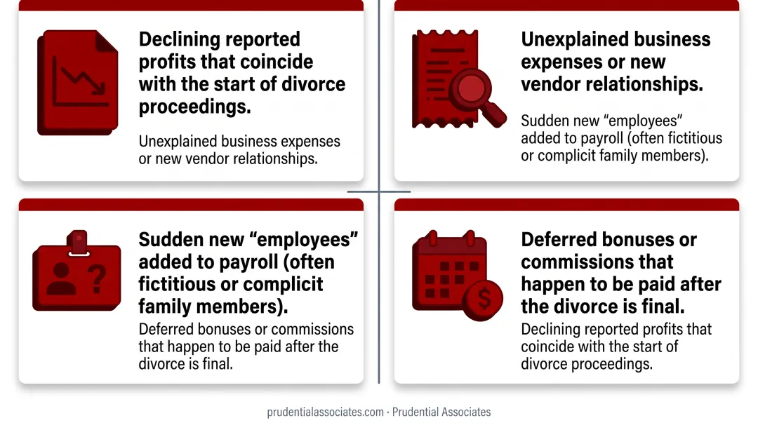 Four business-owner asset concealment warning signs in divorce infographic