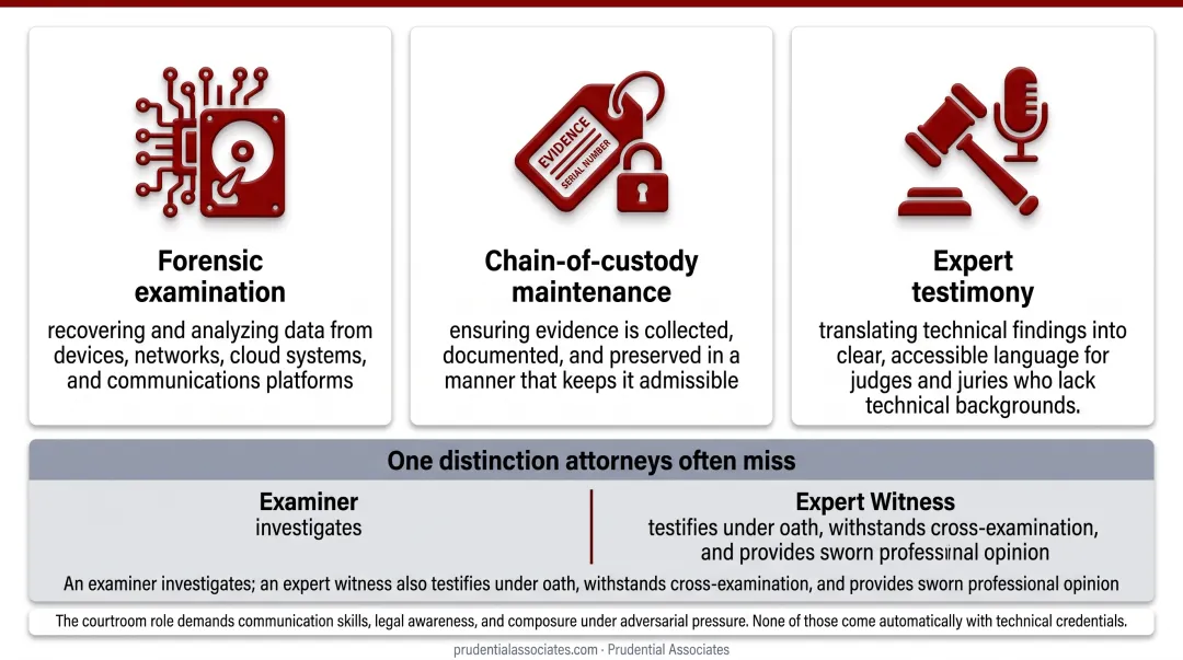 Three core responsibilities of a digital forensics expert witness process diagram