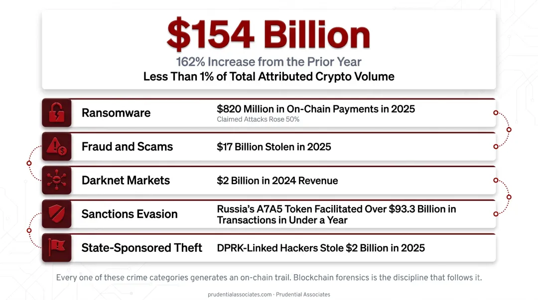 Five crypto crime categories with 2025 on-chain volume statistics infographic