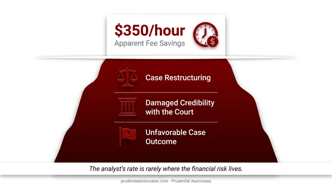 Attorney reviewing financial risk calculation of expert witness selection decision at desk