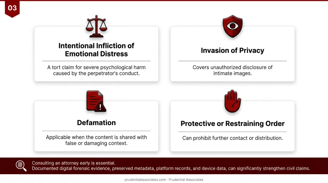 Four civil legal remedies available to Maryland revenge porn victims infographic