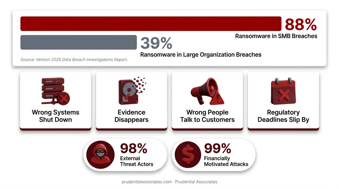 SMB versus enterprise ransomware rate comparison infographic with attack statistics