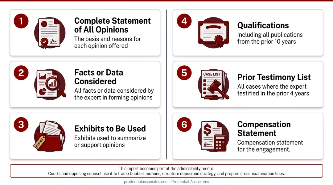 FRCP Rule 26 expert witness report required components compliance checklist infographic