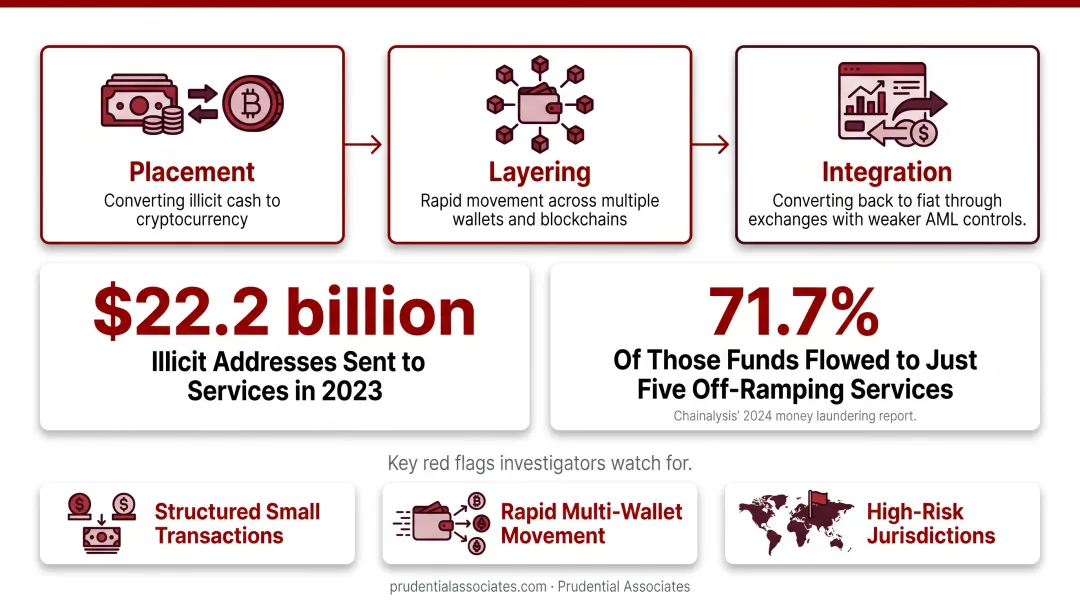 Three-stage cryptocurrency money laundering placement layering integration cycle infographic