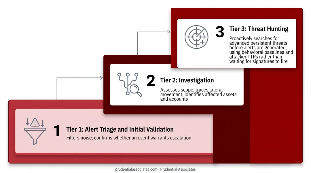 Three-tier SOC analyst structure from alert triage to proactive threat hunting