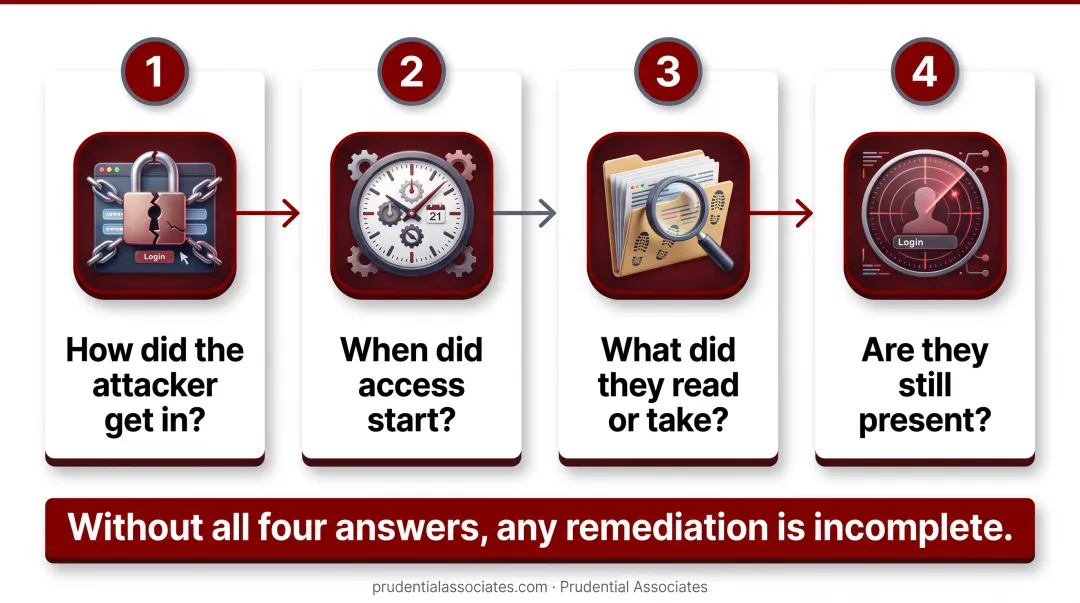 6-step hacked work email investigation process flow from login review to compliance reporting
