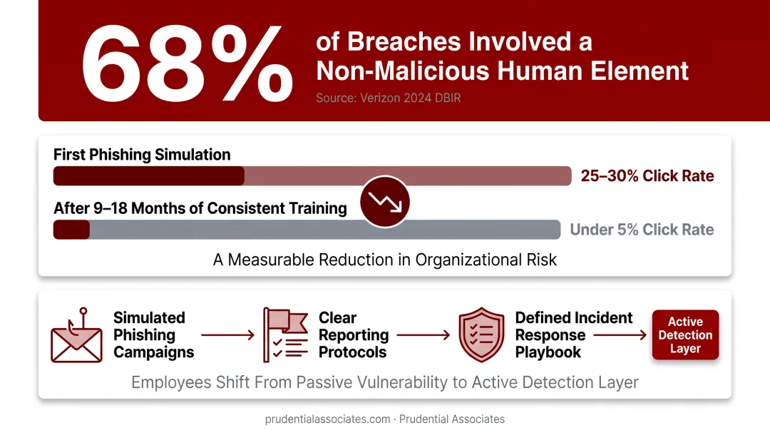 Phishing simulation click rate reduction over 18 months employee security training infographic