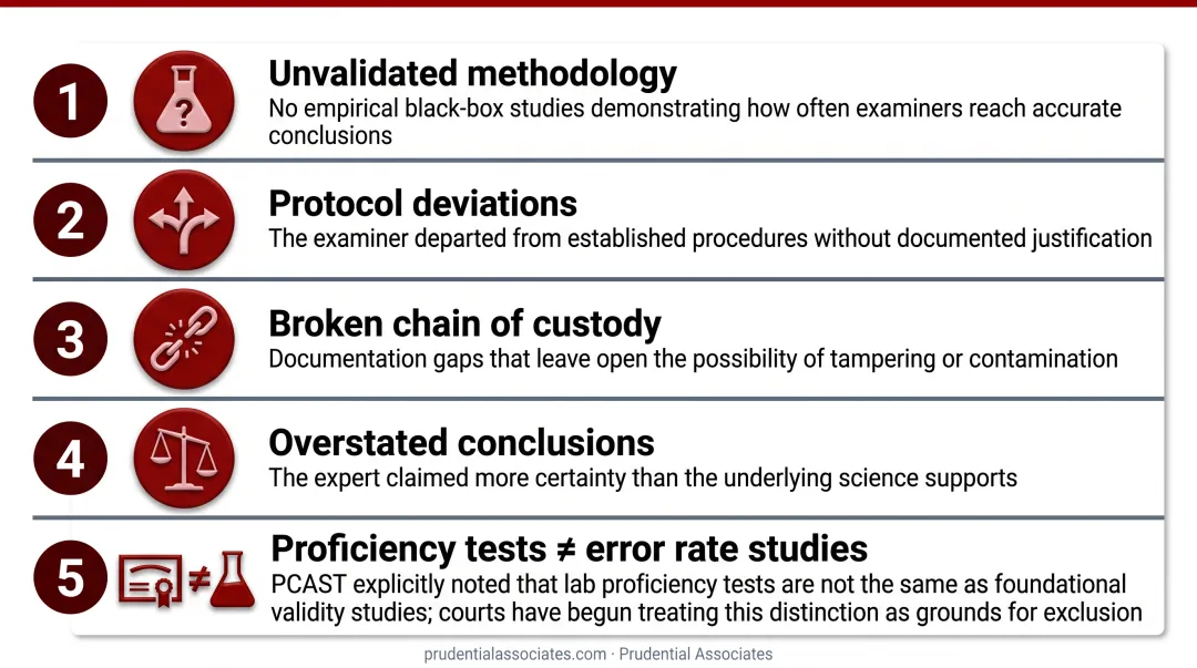 Five common forensic evidence exclusion grounds in Daubert hearings numbered list infographic
