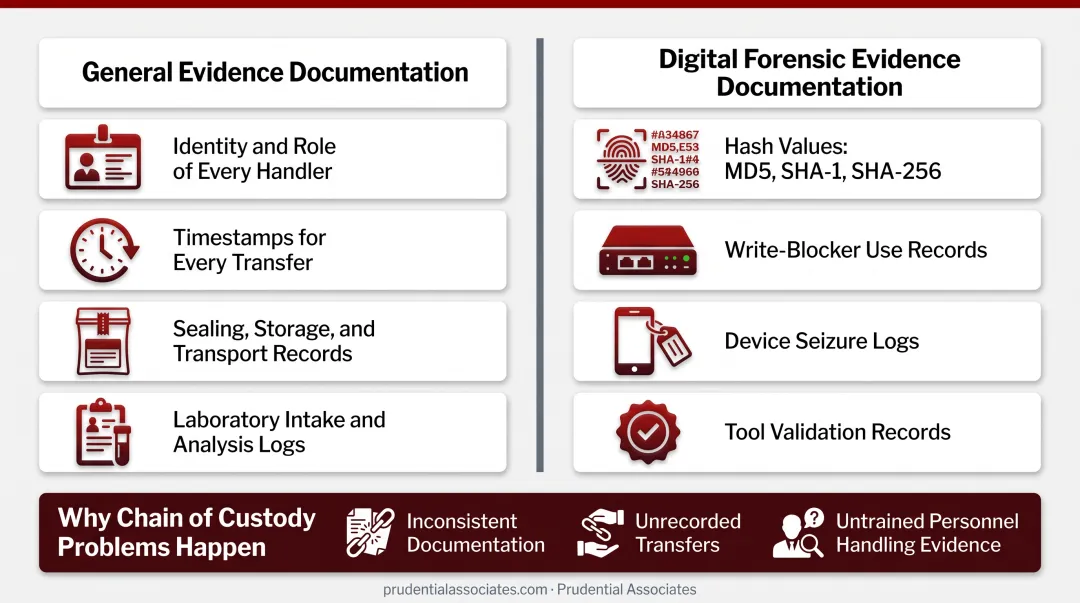 Digital forensic chain of custody documentation requirements including hash values and write-blockers