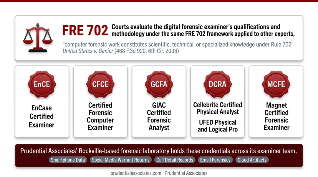 Certified digital forensic examiner reviewing evidence on forensic workstation in professional laboratory