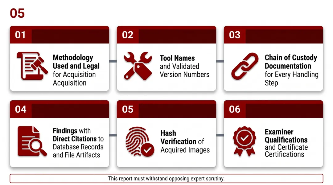 Certified forensic examiner court-ready report with chain of custody documentation and findings