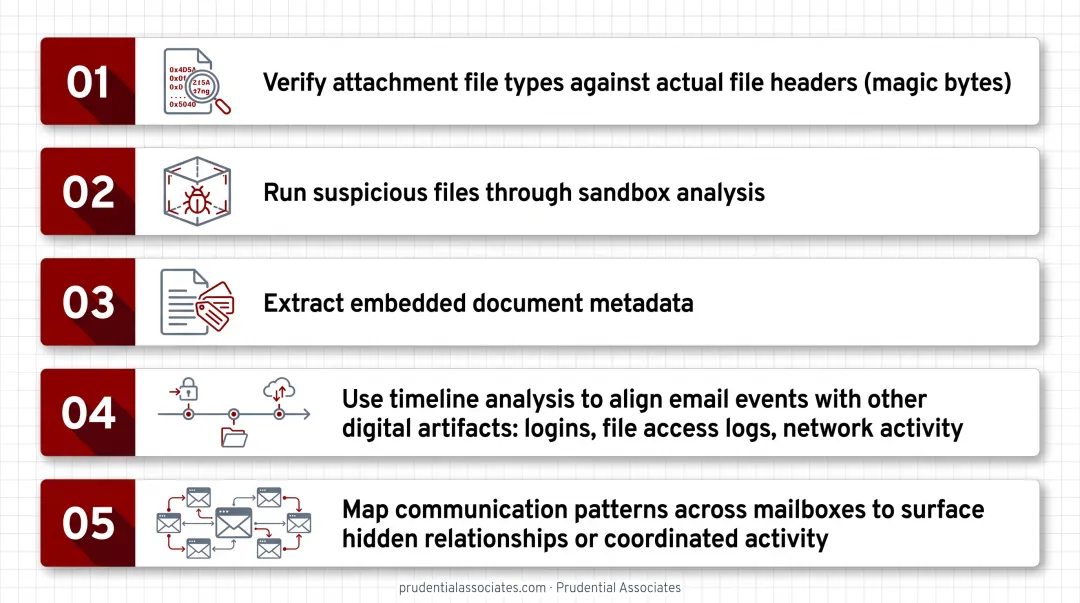 6-step email forensic investigation process flow from scope definition to reporting