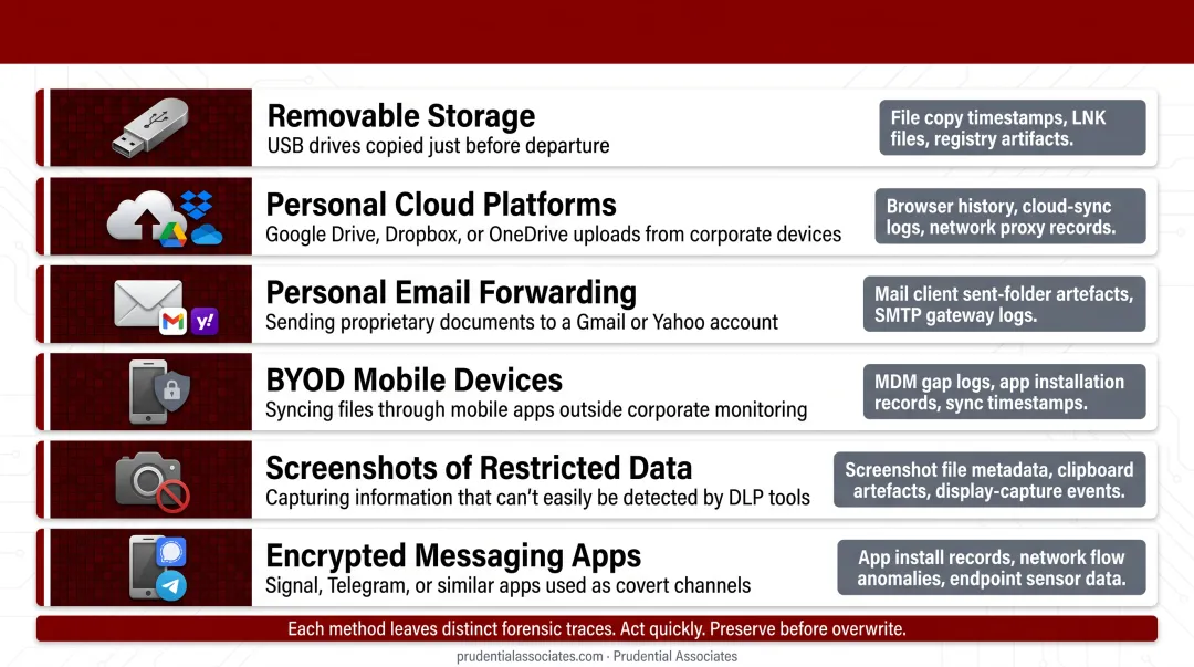 Six IP exfiltration methods used by insider threats and external attackers infographic