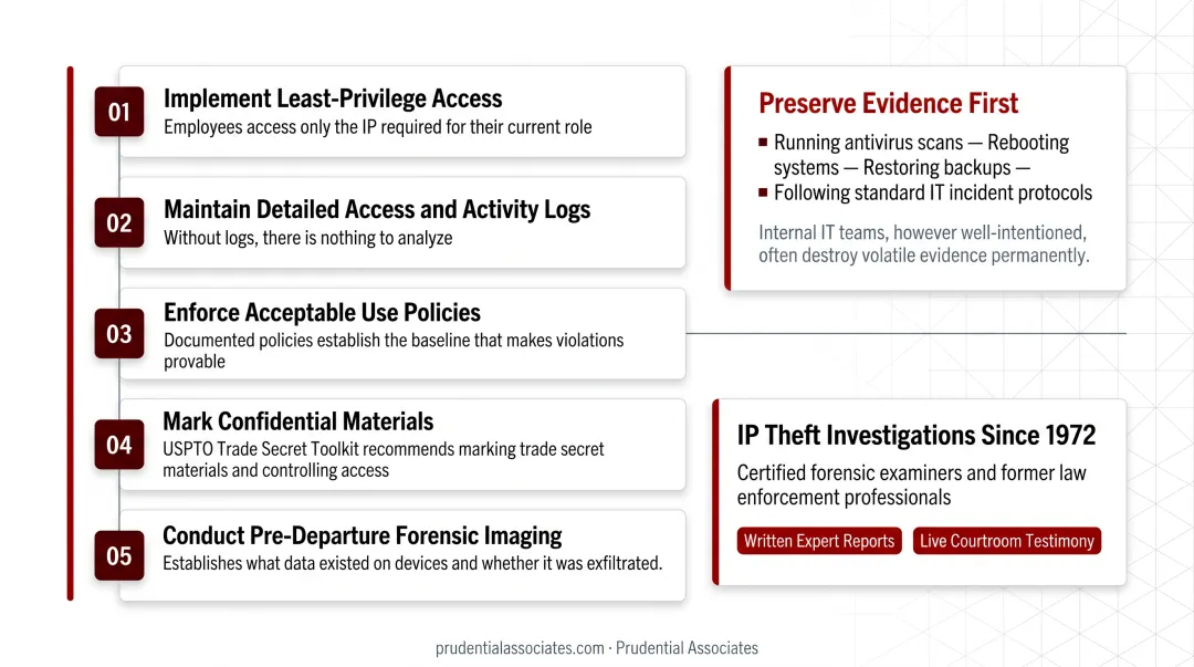Five proactive IP theft prevention measures organizations should implement checklist infographic