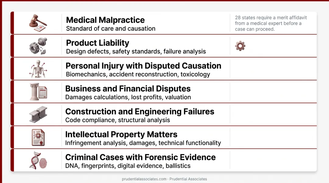 Seven case types requiring expert witness testimony by legal practice area