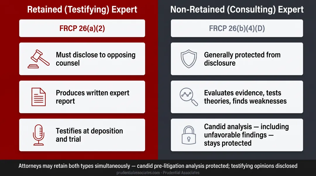 Retained versus consulting expert witness roles comparison infographic