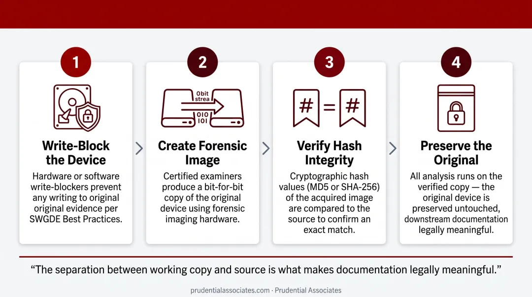 Digital forensic imaging process showing write-blocker hash verification and copy preservation steps