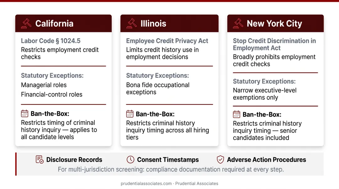 State credit check law comparison for executive hiring California Illinois New York City