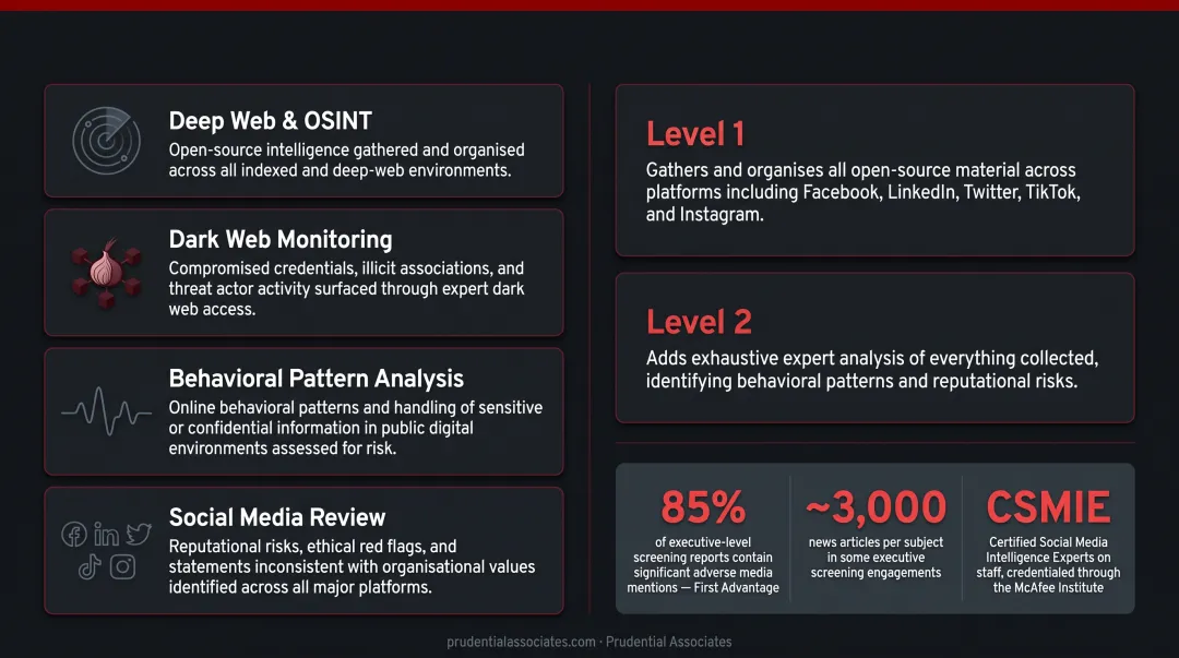 Executive digital footprint screening two-level OSINT investigation process infographic