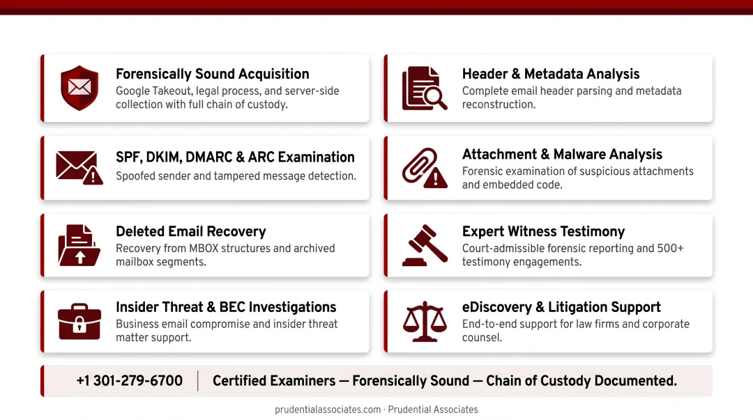 Certified forensic examiner analyzing Gmail email headers and metadata on workstation