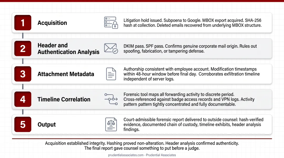 Five-phase corporate Gmail forensics investigation case walkthrough process timeline