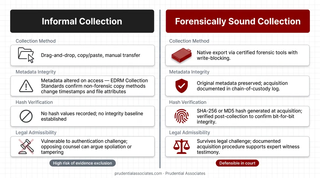 Email evidence collection methods comparison chart courtroom risk forensic integrity