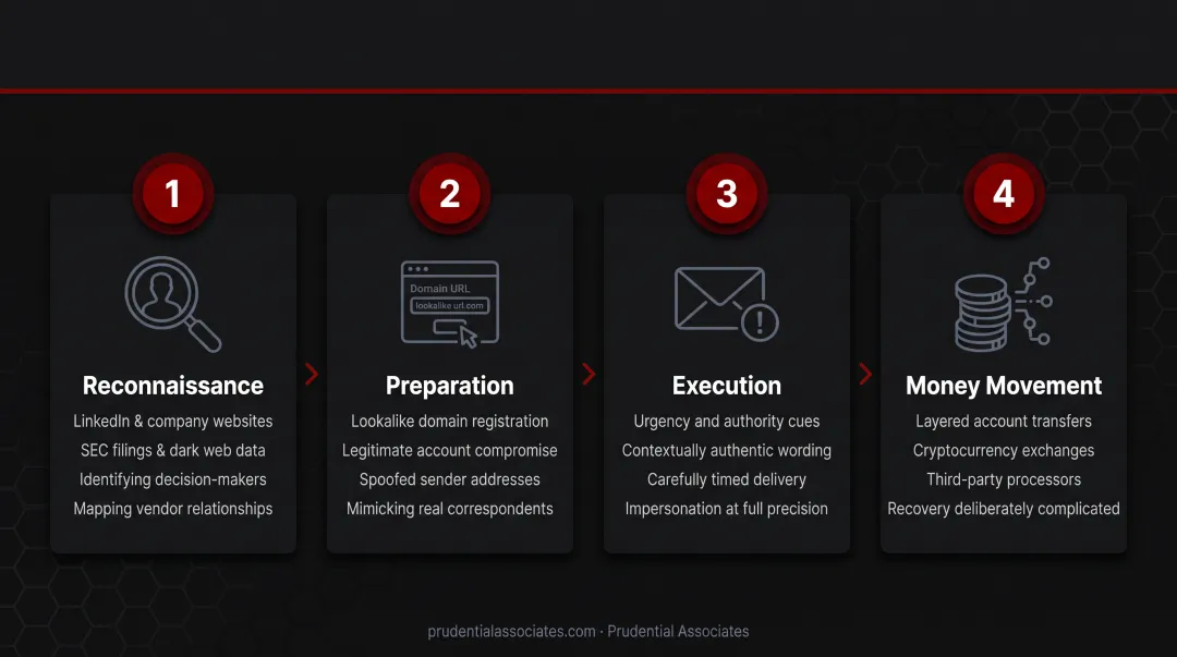 Four-phase BEC attack lifecycle from reconnaissance to money movement