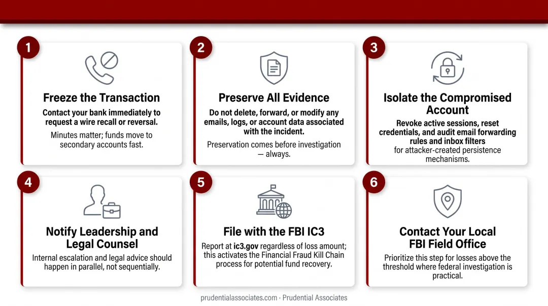 Six-step BEC incident response sequence from fund freeze to FBI reporting