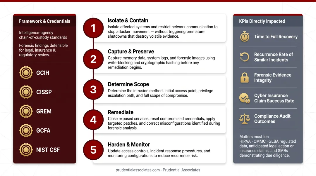5-step structured incident response process from isolation to post-incident hardening