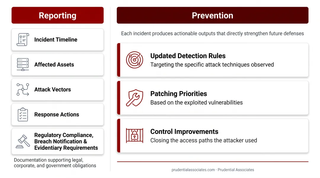 Incident response reporting and prevention outputs feeding back into detection rules