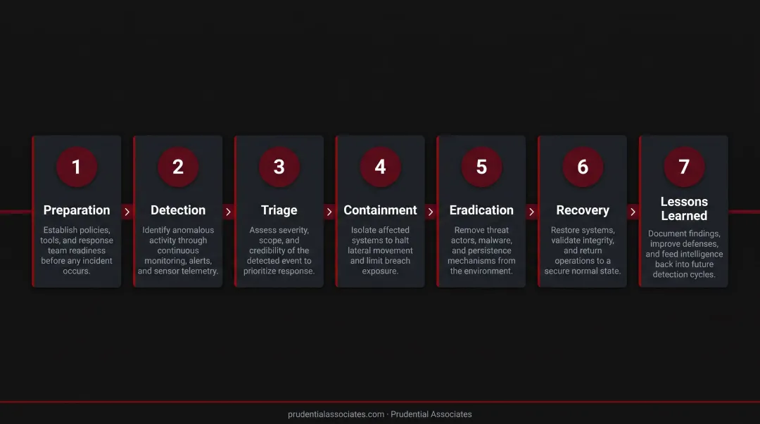 7-stage cybersecurity threat detection and response lifecycle process flow