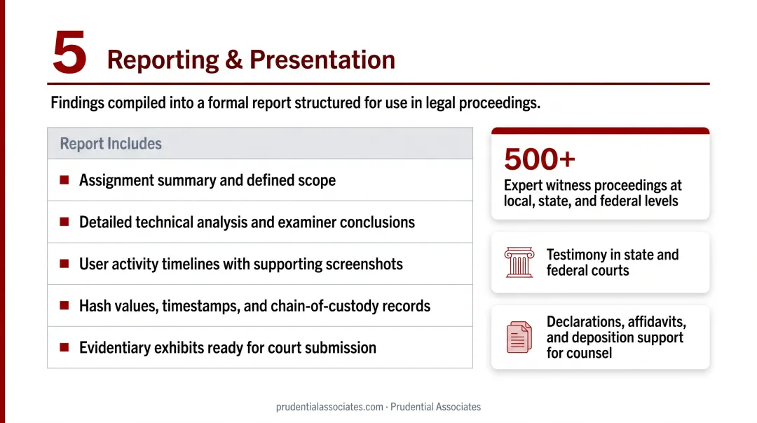 5-step digital forensics process flow from identification to court presentation