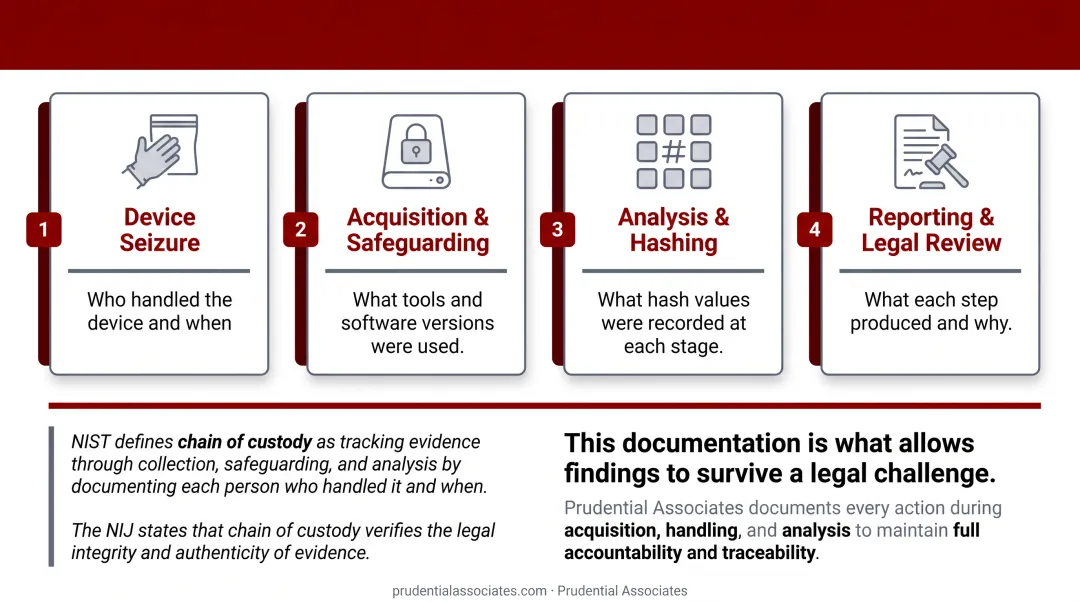 Digital forensics chain of custody documentation requirements at each evidence handling stage