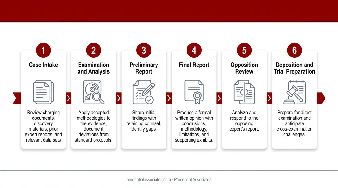 6-stage forensic expert witness engagement process flow infographic