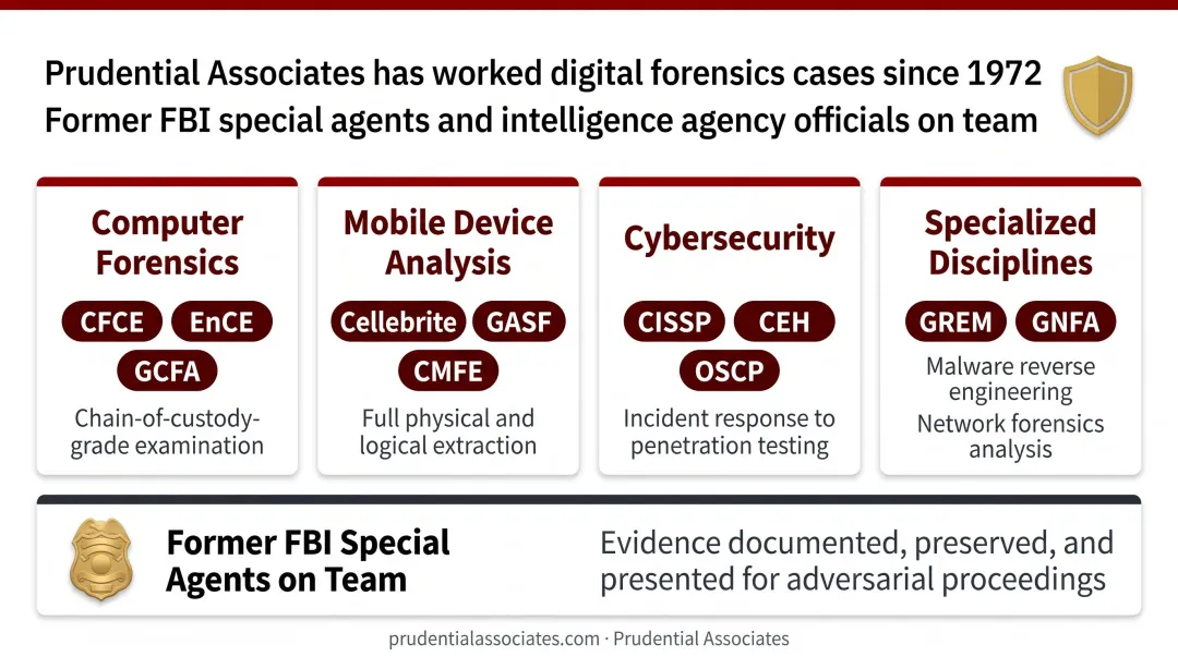 Prudential Associates digital forensics certification categories covering computer mobile and cybersecurity disciplines