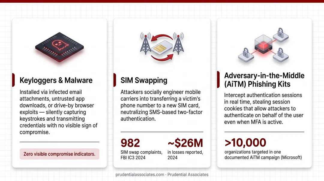Three infrastructure-level ATO attack methods keyloggers SIM swapping AiTM phishing