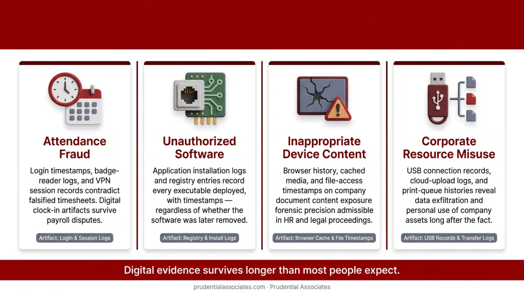 Four HR investigation scenarios requiring digital forensics evidence recovery