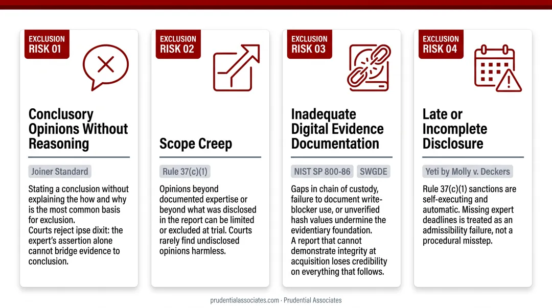 Four common forensic expert report mistakes that cause court exclusion warning infographic